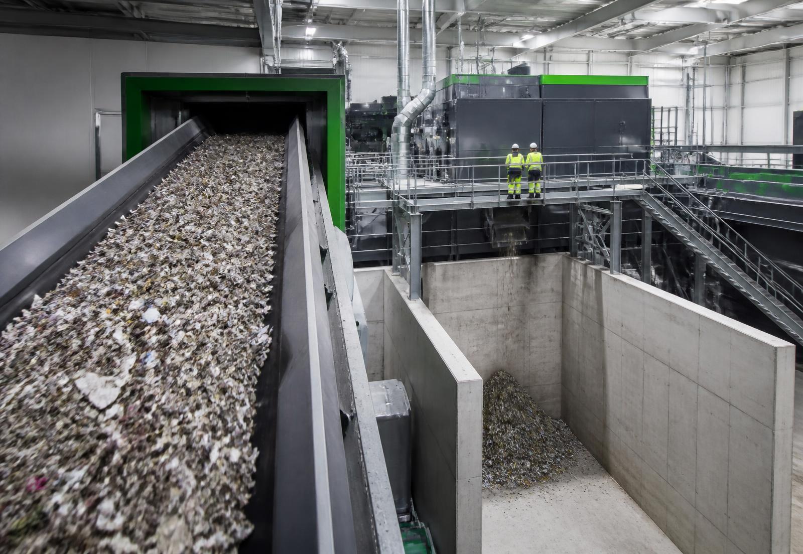 Loose shredded refuse-derived fuel moving through a modern enclosed processing line