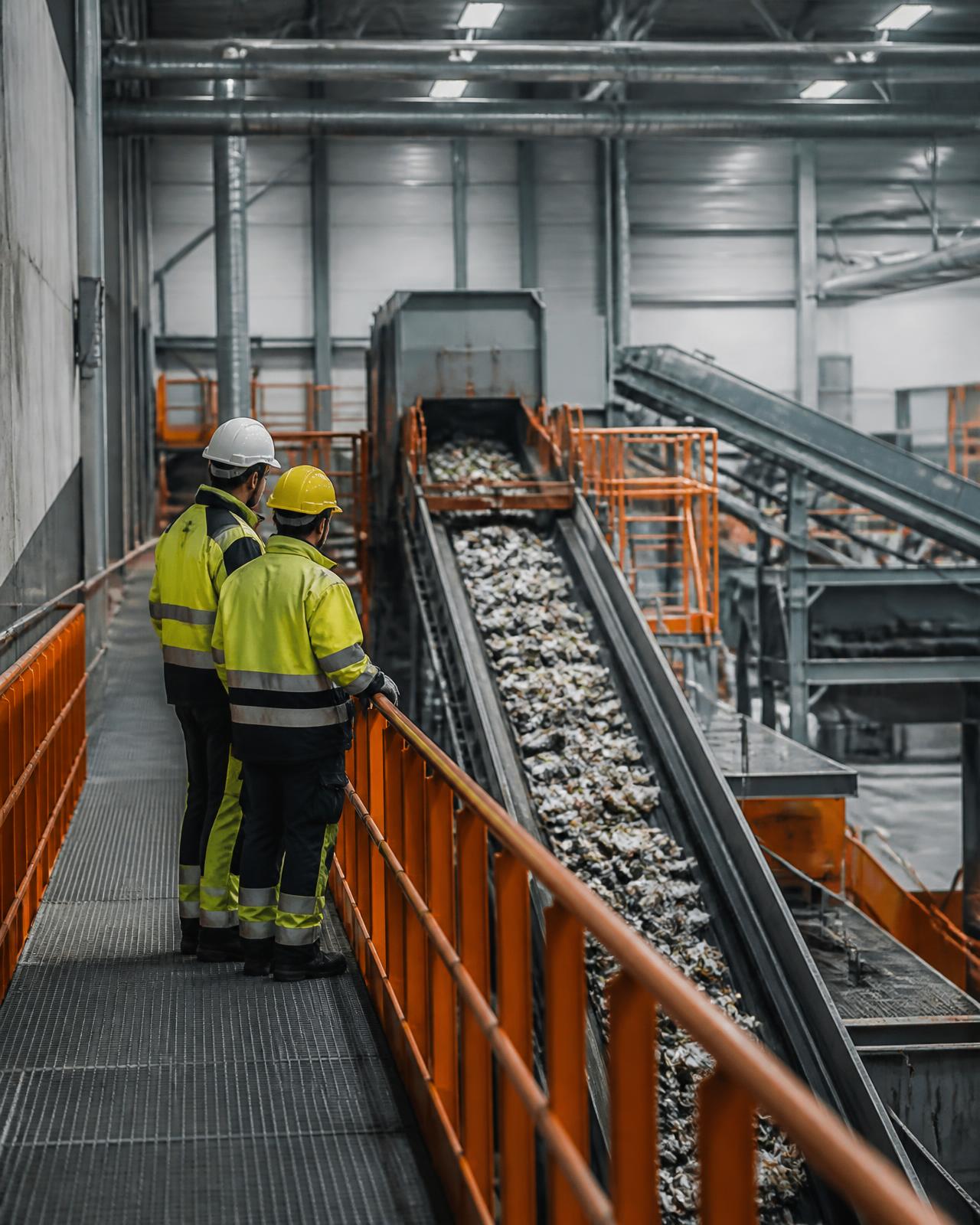 Workers monitoring material quality on a modern sorting line
